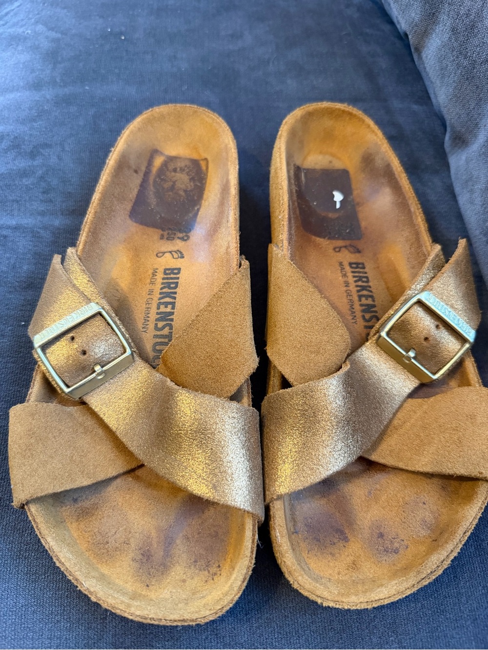 Birkenstock Metallic Brown Suede Cross-Strap Slide Sandals